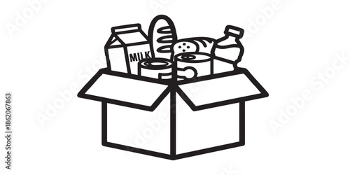 Cardboard box with food and drink solid icon, charity concept. Vector graphics. Humanitarian aid box, donation sign on white background, style mobile or design.