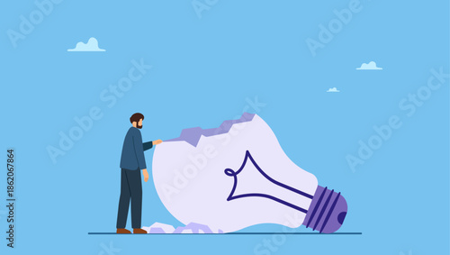 Depressed businessman sadly standing with fail old broken lightbulb idea. Uninspired or motivation after business failure, burnout or exhausted from crisis, no new idea or inspiration.