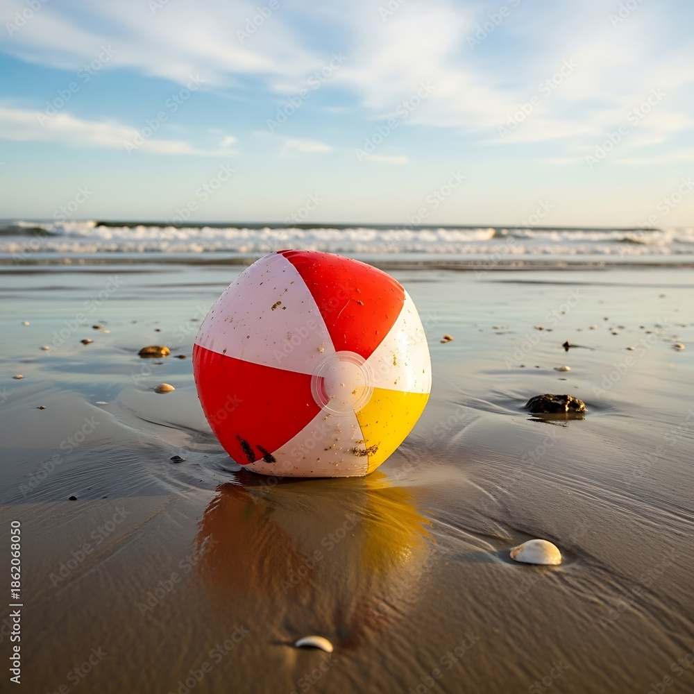Obraz premium Beach Ball Bliss - A Colorful Moment on the Sandy Shore.