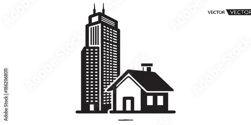 Skyscraper tower and cottage building solid icon, real estate concept. Vector graphics. City skyscraper, private house sign on white background, style mobile or design