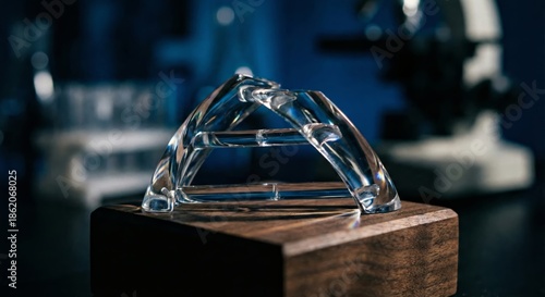 Crystal DNA Model Fragment on Dark Wood Block Display