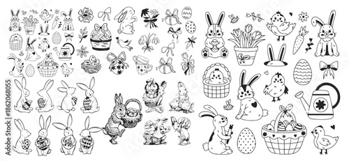 Lovely black and white Happy Easter set with different fluffy bunny, cute chick, ornate eggs with lines, check, swirl, stars, tulips. Easter egg hunt religious holiday collection with outline clipart 