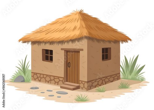 Indian mud house with thatched roof, simple geometric vector style