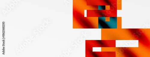 Abstract composition features orange, red hues. Rectangular shapes overlap, creating dynamic visual effect. Minimalist design, modern aesthetic.