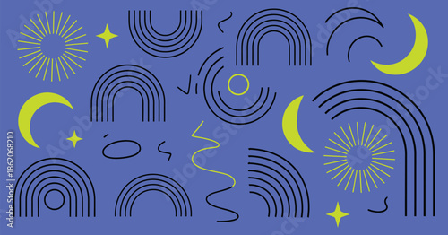 abstract boho geometric shapes vector set contemporary mid century line art design with sun moon phases mystical trendy bohemian style illustration.