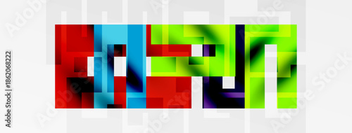 Pixelated abstract design. Bright colors form blocky shapes against gray background. Modern digital art composition.