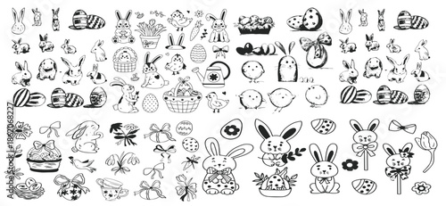 Lovely black and white Happy Easter set with different fluffy bunny, cute chick, ornate eggs with lines, check, swirl, stars, tulips. Easter egg hunt religious holiday collection with outline clipart 