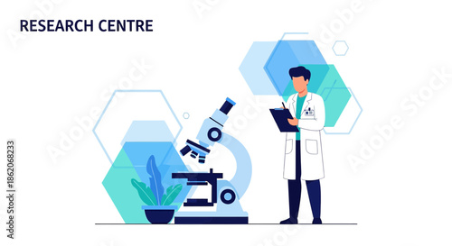 Visual representation of a research center with a scientist examining data next to a microscope