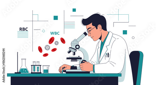 Visual Representation of Hematological Analysis with Medical Researcher Using Microscope for