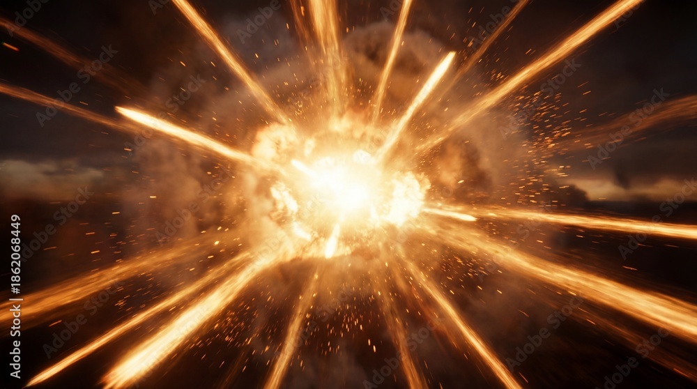 Fototapeta premium Intense Cinematic Radial Explosion. Bright Golden Light Burst with Fast Motion Energy Streaks and Burning Sparks against Dark Background. Powerful Abstract VFX Element.