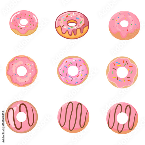 Set of cute pink glazed donuts with sprinkles and chocolate drizzle, vector illustration