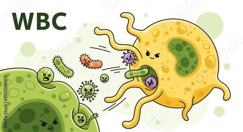 White blood cell engulfing pathogens cartoon illustration explaining immune system response