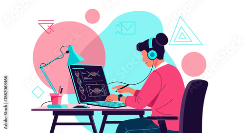 Woman analyzing dna data on laptop during remote scientific research session at home office