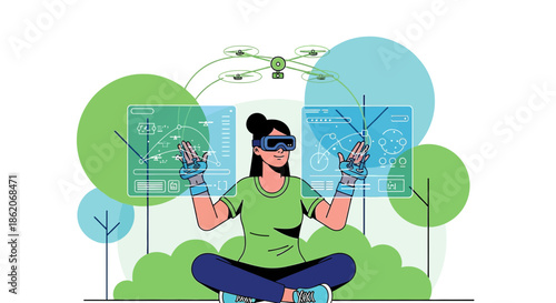 Woman controlling a drone swarm with virtual reality interface in a serene park setting