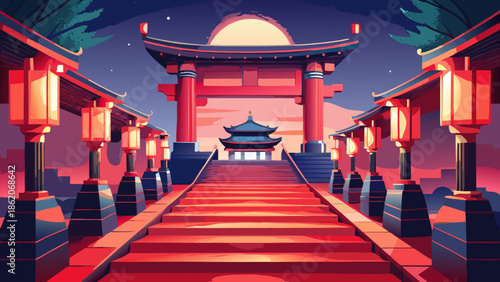 Serene chinese temple entrance at night