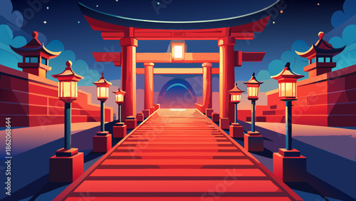Mystical red pathway leading to ancient temple gate at night