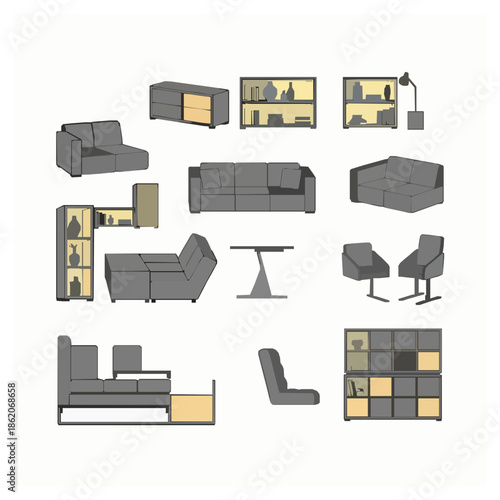 Modular Furniture Pieces Vector Illustration Set for Modern Interiors