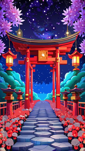 Serene japanese torii gate under starry night sky