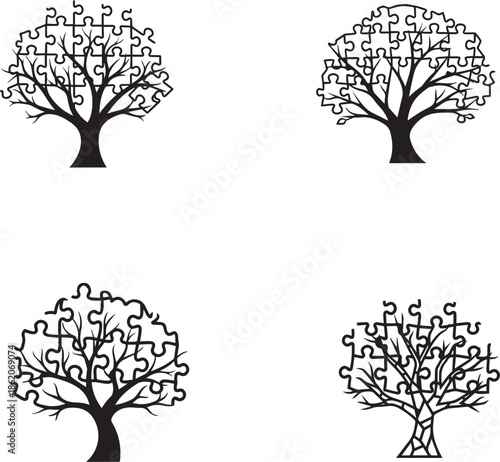 Set of four unique puzzle trees symbolizing complexity problem solving and interconnectedness