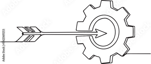 Continuous one line drawing of cogwheel and feathered arrow illustrating mechanical process and precise aiming