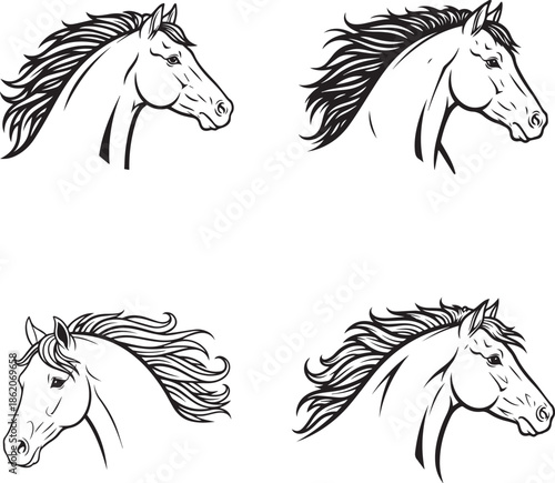 Horse head profile sketches set with flowing mane line art