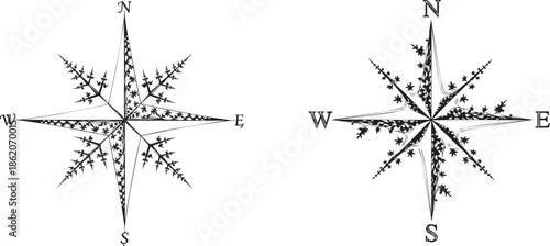 Pair of ornate compass roses with cardinal points