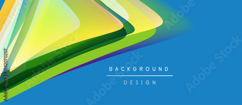 Abstract vibrant layers overlap, creating dynamic visual flow. Blue background complements yellow, green hues. Modern design element.