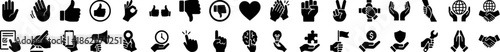 Universal Glyph Pictogram Icon Pack Featuring Hand Gestures, Business Hands, Social Approval Symbols, Support, Care, Donation, Communication, and UI Actions