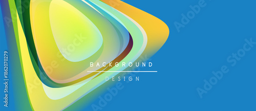 Abstract vibrant layers create dynamic flow. Blue backdrop complements yellow, green, orange curves. Modern design element.