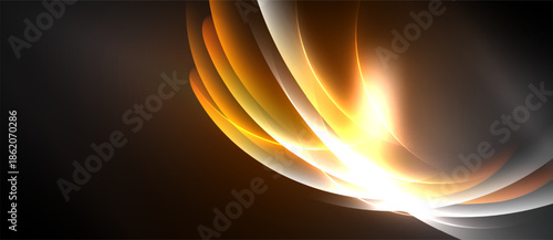 Abstract golden light curves radiate from bright center. Dark background emphasizes glowing energy, creating dynamic visual effect.