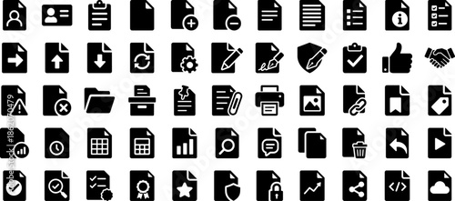 Glyph Document & File Management Icons Pack for UI UX — edit, upload, download, delete, search, settings, checklist, print, share, folder, info pictograms