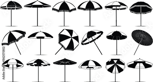Black and white vector silhouette collection of patio beach umbrellas with fringe and stripes, outdoor sun protection furniture design elements.