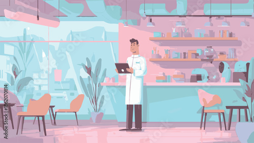 Vector illustration of a barista using a laptop at a modern coffee shop counter with comfortable seating and plants