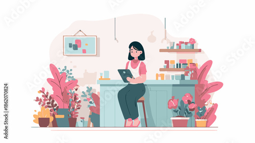 Woman checking health records at a desk surrounded by plants in a clinic