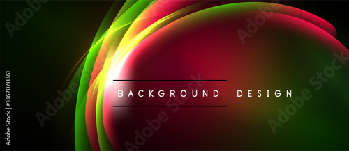 Abstract vibrant curves, flowing shapes. Dark background highlights colorful light effects, text reads background design. Modern visual presentation.