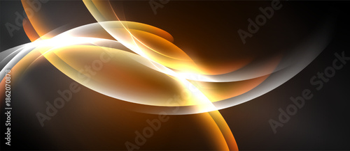 Abstract design features flowing lines, warm colors, bright center. Dynamic composition evokes energy, movement, light effects.