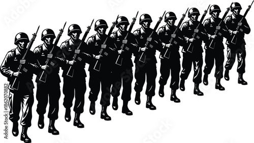 Black, and, white, illustration, of, a, military, army, infantry, squad, marching, with, rifles, in, formation, professional, soldier, silhouettes, vector, design.