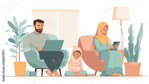 Family using digital devices together in a cozy living room setting with a relaxed atmosphere