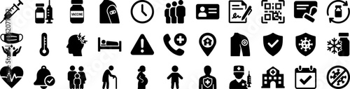 Healthcare & Medical Glyph Icon Pack with Vaccination, Hospital, Emergency, Patient Care, Pharmacy, Clinic Symbols for UI & Web