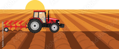 Red, tractor, plowing, farm, field, at, sunset, agriculture, machinery, working, on, soil, rural, landscape, illustration, for, agribusiness, and, farming, concepts.
