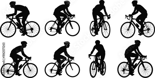 Set of professional road cyclist silhouettes in various riding positions, including side profile and front view for sports design projects.