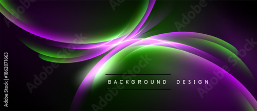 Abstract waves, purple, green hues blend. Dark background creates dynamic visual effect. Text reads background design.