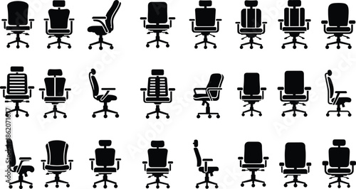 Vector, collection, of, office, chair, silhouettes, with, ergonomic, desk, chairs, for, workspace, interior, design, business, furniture, icons, set, isolated, graphics.