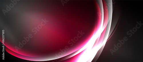 Abstract design features flowing curves, shades of pink, gray, white. Smooth gradients create dynamic visual effect. Minimalist composition.