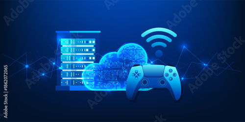 Cloud Game Technology Background with Game Controller and Server Data Center, Online Game Streaming, High Performance Cloud Computing, Digital Entertainment, Remote Gaming Infrastructure, Gaming