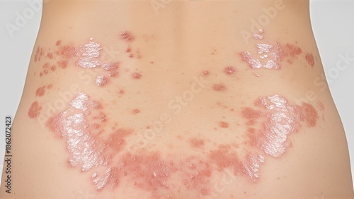 Close-up view of severe psoriasis patches with scaly red inflamed skin on lower back area showing typical symptoms of chronic skin condition
