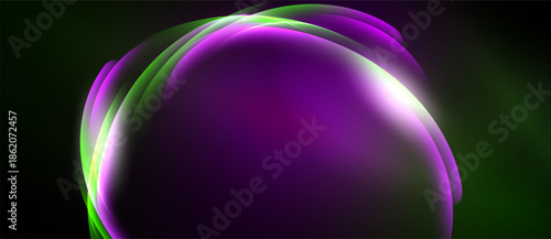 Abstract swirls, vibrant purple, green hues dominate. Light radiates from center, creating dynamic visual effect. Dark background enhances luminosity.