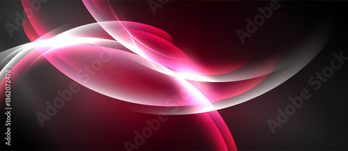 Abstract design features flowing curves, vibrant pinks, whites against dark background. Dynamic composition evokes energy, movement.