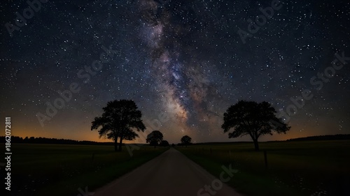 A beautiful night sky over rural road with trees at night.