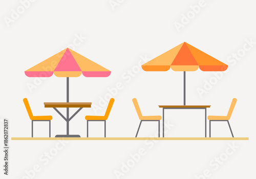 Cafe table and chairs icon illustration. Outdoor dining area, restaurant table, umbrella.